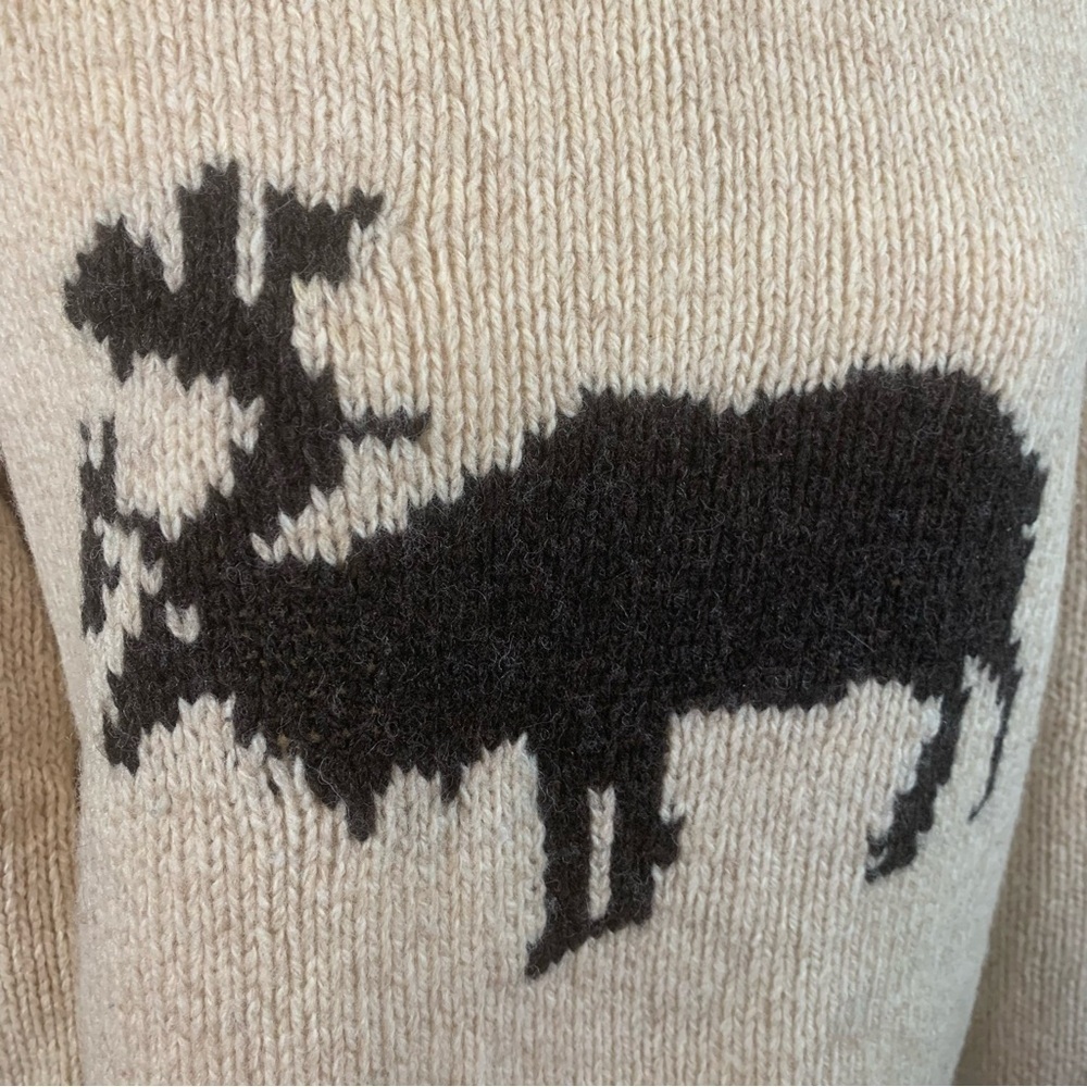 Muskoka Lakes Wool Sweater Pull on Cardigan Funnel Neck Moose & Snow Beige BRN L - Picture 2 of 15